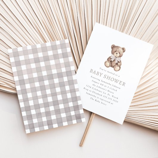 Neutral Gingham Simple Teddy Bear Baby Shower Einladung