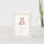 Neutral Gingham Teddy Bear Baby Shower Dankeskarte (Vorderseite)