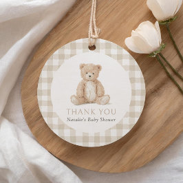 Neutral Gingham Teddy Bear Baby Shower Geschenkanhänger
