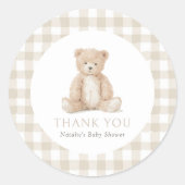 Neutral Gingham Teddy Bear Baby Shower Runder Aufkleber (Vorderseite)