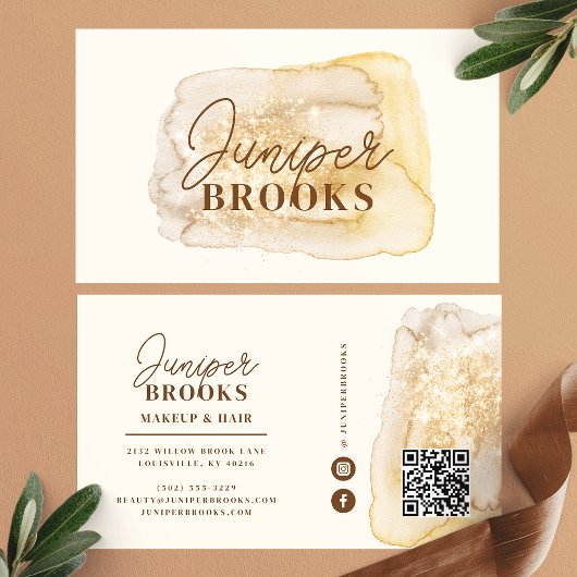 Neutral Gold Watercolor Glitzer Social Media QR Visitenkarte