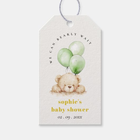 Neutral Green Bearly Wait Balloon Baby Shower Geschenkanhänger (Vorderseite)