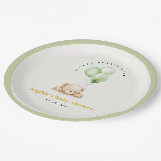 Neutral Green Bearly Wait Balloon Baby Shower Pappteller (Schrägansicht)
