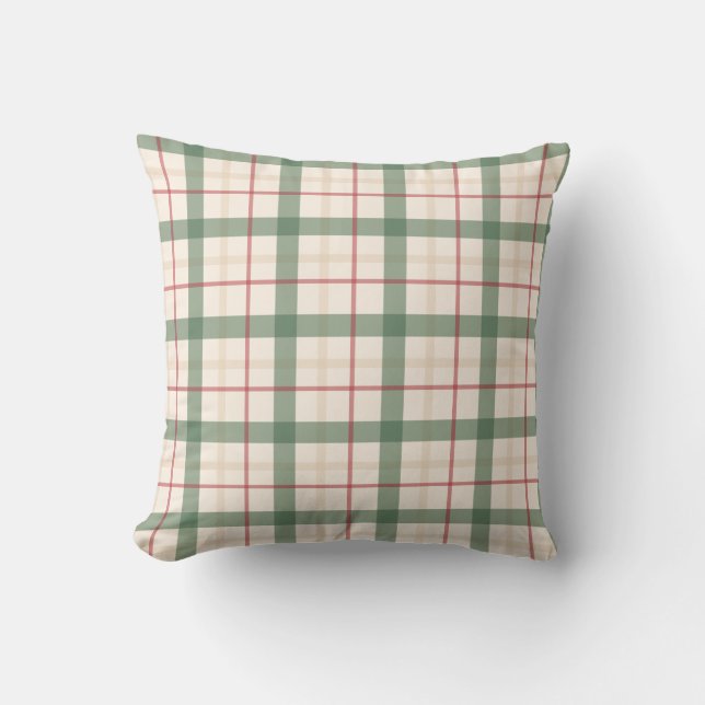 Neutral Green Plaid Farmhouse Throw Pillow Kissen (Vorderseite)