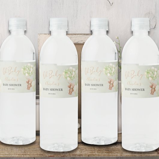 Neutral Green Teddy Bear Oh Baby Balloon Baby Wasserflaschenetikett