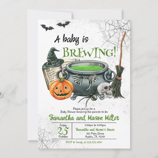 Neutral grüne Halloween-Kinderdusche Einladung (Vorderseite)