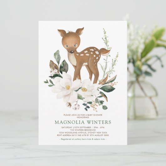 Neutral Ivory Greenery Forest Deer Baby Shower Einladung (Stehend Vorderseite)