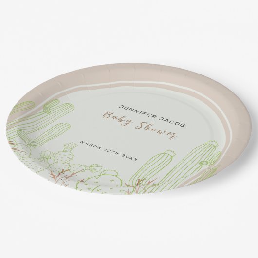 Neutral Minimalistisch Boho Cactus Arch Baby Showe Pappteller (Schrägansicht)