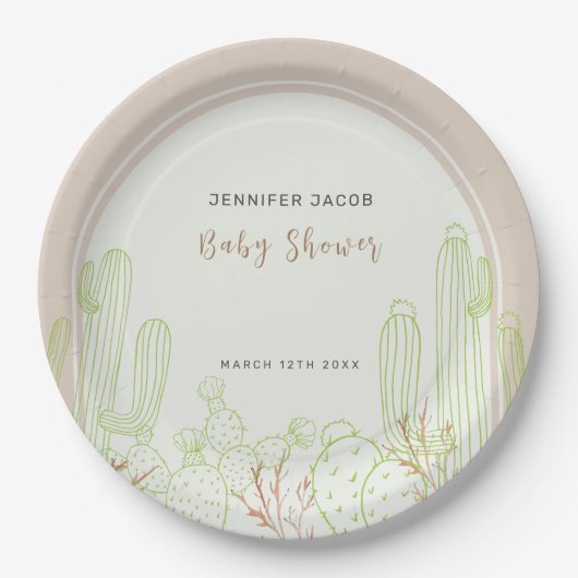 Neutral Minimalistisch Boho Cactus Arch Baby Showe Pappteller (Vorderseite)