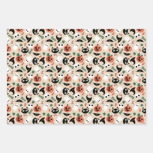 Neutral Mixed Halloween Patterns Ghost Pumpkins Geschenkpapier Set (Vorderseite 2)