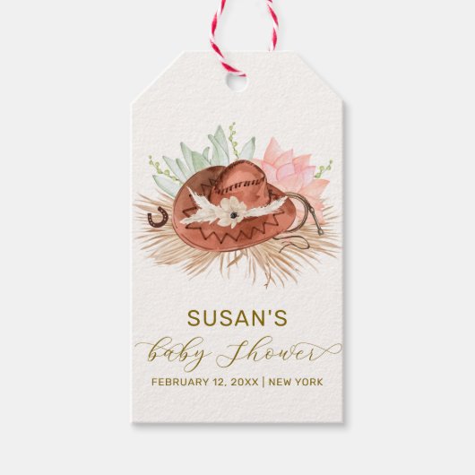 Neutral Modern Boho Cactus Cowboy Hat Baby Shower Geschenkanhänger (Vorderseite)