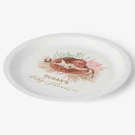 Neutral Modern Boho Cactus Cowboy Hat Baby Shower Pappteller (Schrägansicht)