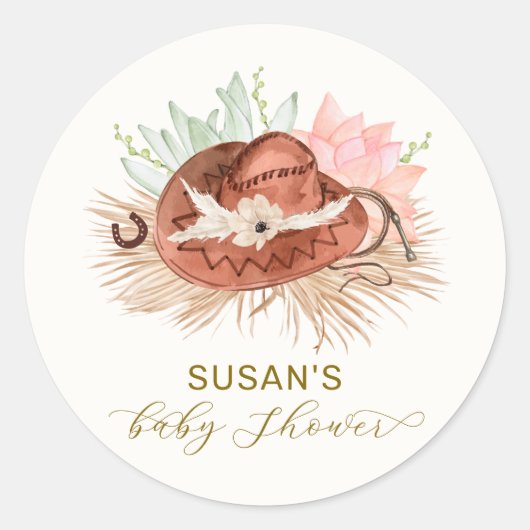 Neutral Modern Boho Cactus Cowboy Hat Baby Shower Runder Aufkleber (Vorderseite)