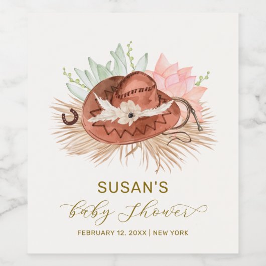 Neutral Modern Boho Cactus Cowboy Hat Baby Shower Weinetikett (Einzelnes Label)