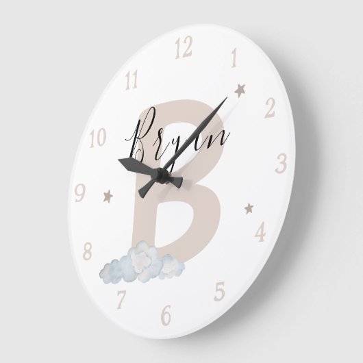 Neutral Monogram Baby Name Wall Clock Große Wanduhr (Winkel)