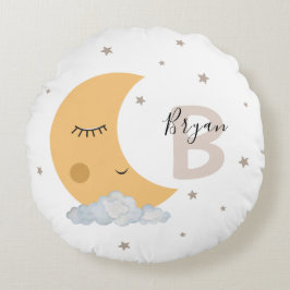 Neutral Moon Nursery Pillow with Custom Name Beige Rundes Kissen