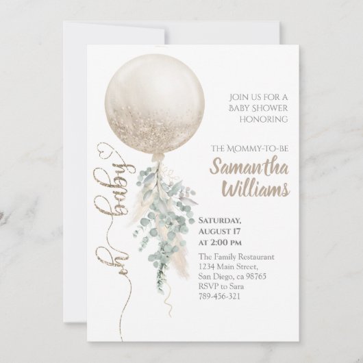 Neutral Oh Baby Ballon Pampas Baby Dusche Einladung (Vorderseite)