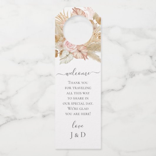 Neutral Palm and Pampas Flower Decor Wedding Flaschenanhänger (Vorderseite)