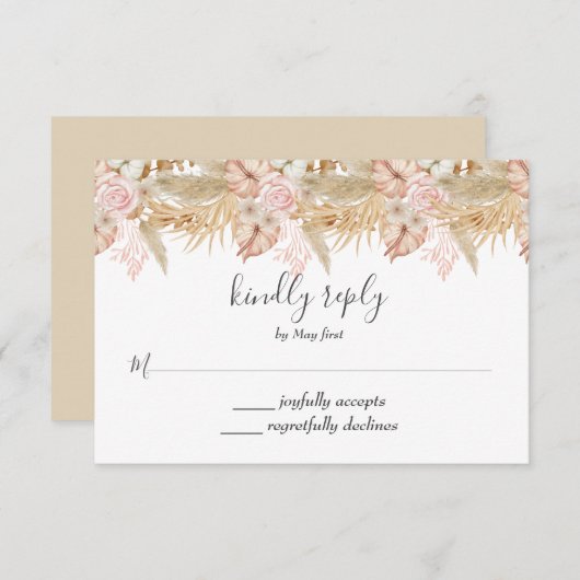 Neutral Palm and Pampas Flower Decor Wedding RSVP Karte (Vorne/Hinten)