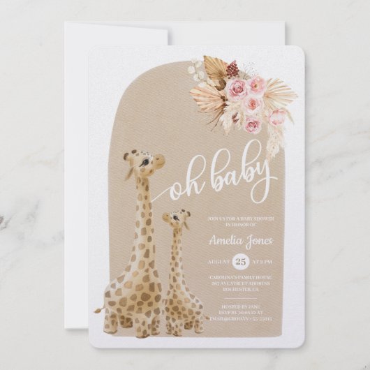 Neutral Pampas Grass Giraffe Baby Shower Invitati Einladung (Vorderseite)