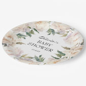 Neutral Peony Wreath Garden Baby Shower Pappteller (Schrägansicht)