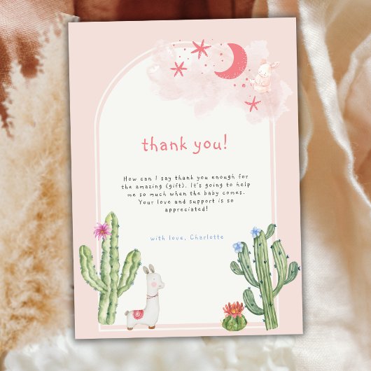 Neutral Pink Boho Arch Cactus Baby Shower Dankeskarte