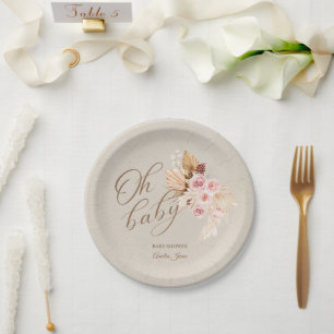Neutral Pink Pampas Grass Giraffe Pappteller