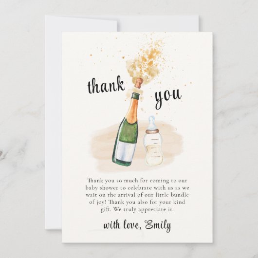 Neutral Poppin Flaschen Champagne Baby Dusche Dankeskarte (Vorderseite)