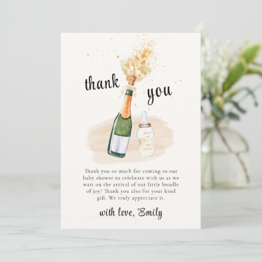 Neutral Poppin Flaschen Champagne Baby Dusche Dankeskarte (Stehend Vorderseite)