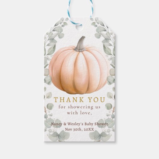 Neutral Pumpkin Eucalyptus Fall Baby Shower Favor Geschenkanhänger (Vorderseite)