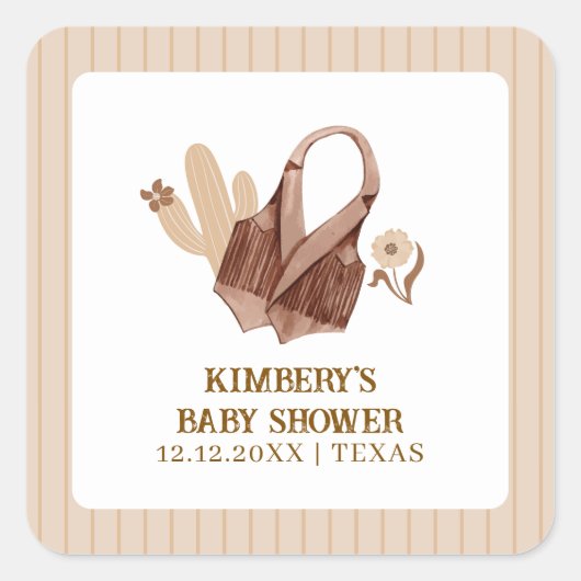 Neutral Rustic Boho Cactus Cowgirl Baby Shower Quadratischer Aufkleber (Vorderseite)