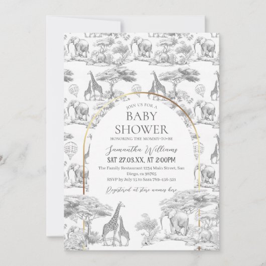 Neutral Safari Tier Elegant Toile Baby Dusche Einladung (Vorderseite)