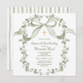 Neutral Sage Green Baptism Elegantes französisches Einladung (Vorne/Hinten)