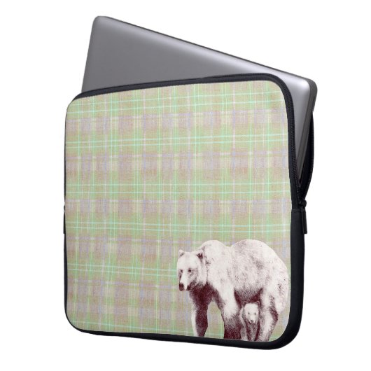 Neutral Sage Plaid Bear Laptopschutzhülle (Vorderseite Links)