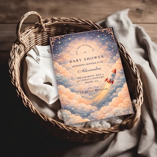 Neutral Space Rocket Stars Baby Shower Einladung