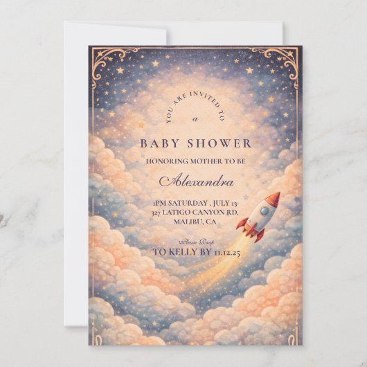 Neutral Space Rocket Stars Baby Shower Einladung (Vorderseite)