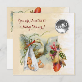 NEUTRAL STORK BABY DUSCHE WEISS GEMSTONE MONOGRAM EINLADUNG