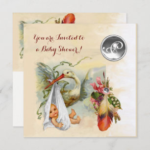 NEUTRAL STORK BABY DUSCHE WEISS GEMSTONE MONOGRAM EINLADUNG