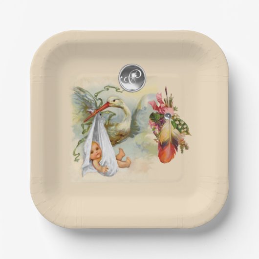 NEUTRAL STORK BABY DUSCHE WEISS GEMSTONE MONOGRAM PAPPTELLER (Vorderseite)