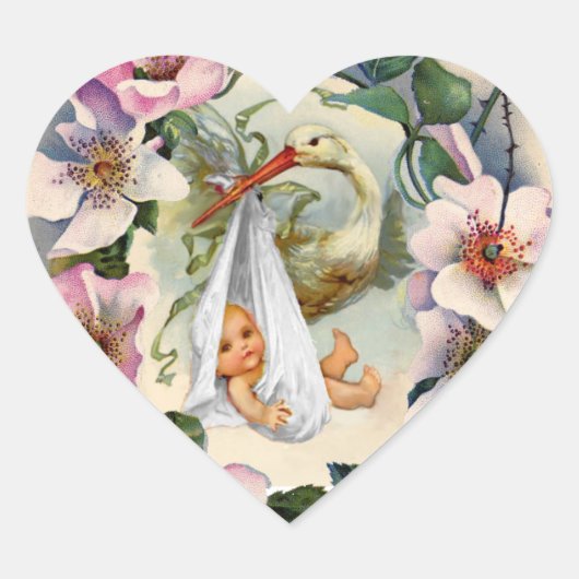 NEUTRAL STORK BABY SHOWER PINK WILD ROSE KROWN Herz-Aufkleber (Vorderseite)
