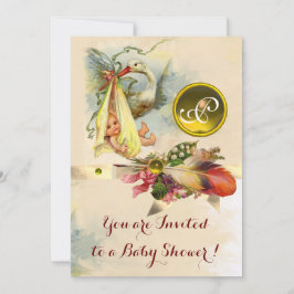 NEUTRAL STORK BABY SHOWER YELLOW GEMSTONE MONOGRAM EINLADUNG