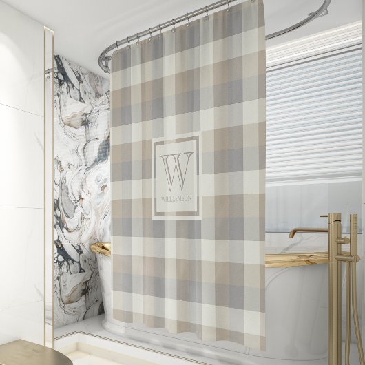Neutral Tan Gray Ivory Kariertes Monogramm Duschvorhang