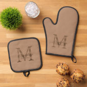 Neutral Taupe and Metallic Gold Monogram Script Ofenhandschuh & Topflappen-Set (Oben Unten)