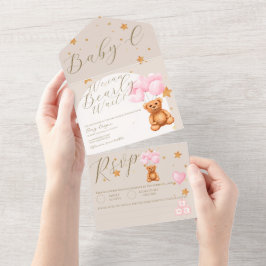 Neutral Teddy Bär Hot Air Ballon Babydusche All In One Einladung