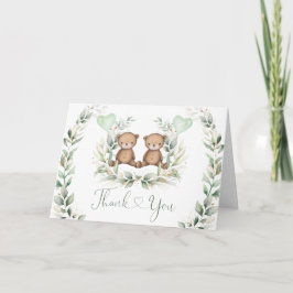 Neutral Teddy Bär Twins Sage Greenery Balloons Karte