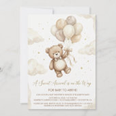 Neutral Teddy Bear Baby Shower bow Green Balloons Einladung (Vorderseite)