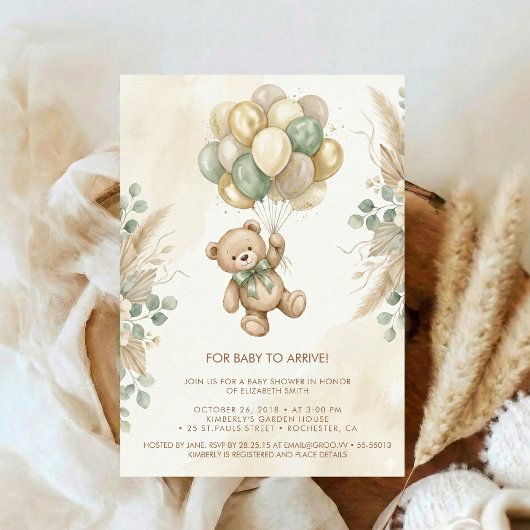 Neutral Teddy Bear Baby Shower flower Green Einladung