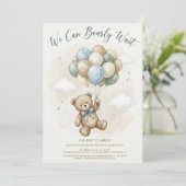 Neutral Teddy Bear Baby Shower Sage Green Balloons Einladung (Stehend Vorderseite)