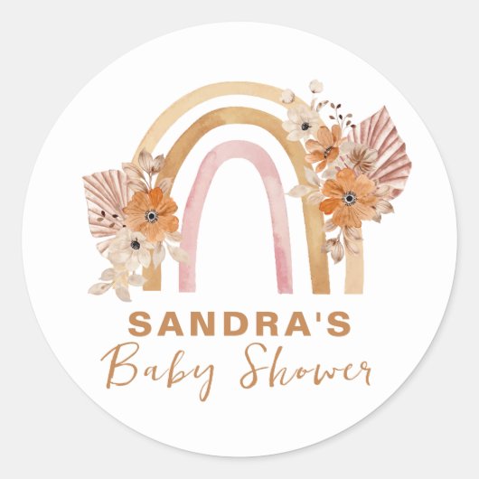 Neutral Terracotta Boho Rainbow Floral Baby Shower Runder Aufkleber (Vorderseite)