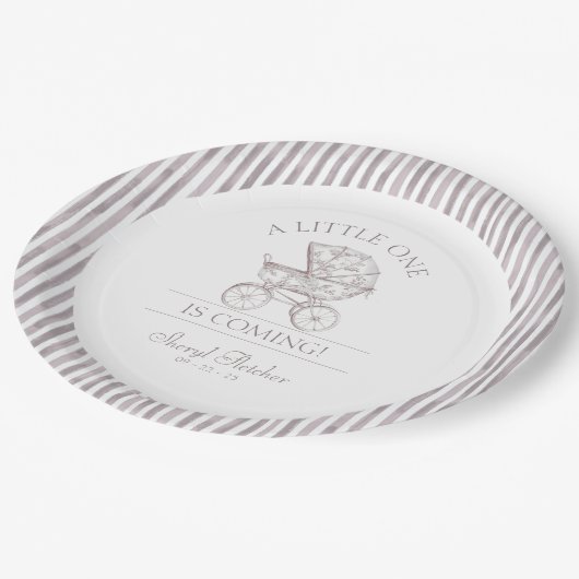 Neutral Toile Babydusche Pappteller (Schrägansicht)